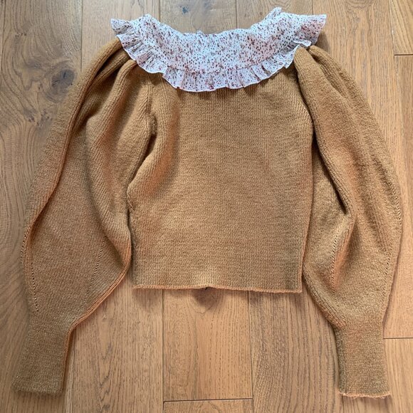Women's Knit Peter Pan Collar Sweater Mustard Brown Wool Blend Size S - Picture 4 of 8